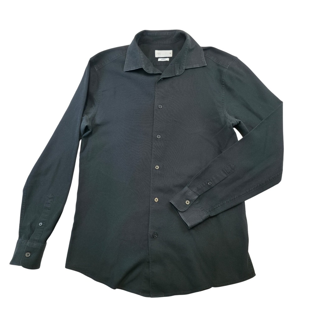 ZARA Men Black Slim Fit Textured Button Down Long Sleeve Shirt Modern Classic